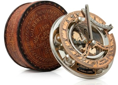 WOANIN Messing-Sonnenuhr-Kompass, silberfarbenes Finish, 10,2 cm, mit Lederetui, Vintage-Kompass, einzigartige nautische Dekoration, für Ihn, Ehemann, Ruhestandsgeschenk, Geburtstagsgeschenk für