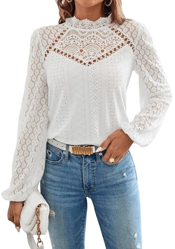 GORGLITTER Damen Elegant Blusen Stehkragen Oberteiel Hemdbluse Langarm Spitzen Tunika Bluse mit Laternenärmeln Weiß L