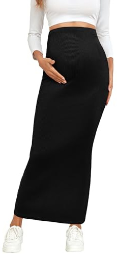 AISWI 2024 Maternity Adjustable Waist Rib Knit Maxi Skirt Over The Belly Stretchy Pregnancy Long Pencil Skirts