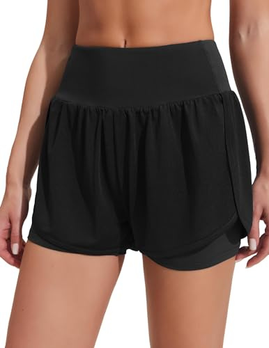 PINSPARK Damen Sportshorts Kurz High Waist 2in1 mit Tasche Schnelltrocknend | Elastic Taille, RV-Tasche am Rücken, Innentasche für Handy, Atmungsaktiv Leicht Laufshorts, Fitness Running Yoga Training