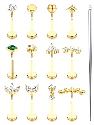 Krfy 16G/18G Helix Tragus Piercing Innengewinde Piercing Ohr 6/8MM | Gold Silber flat Piercing Helix, Chirurgenstahl Nasenpiercing Stecker, Labret Medusa Tragus Conch Piercing Ohr