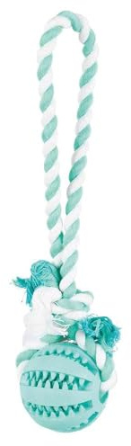 TRIXIE Denta Fun Ball am Tau - praktisches Hundespielzeug mit Minzgeschmack - ø 7/24 cm, Zahnpflege-Zubehör für Hunde - 3299