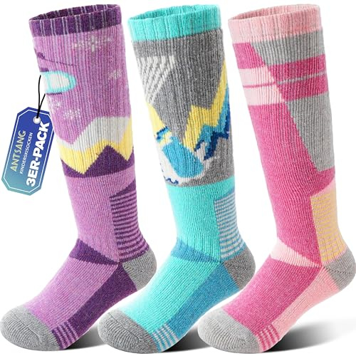 ANTSANG Kinder Merino Woll Skisocken Jungen Mädchen Thermisch Dick Warm Winter Gemütlich Kniehohe Socken zum Skifahren Snowboarden 3 Paar(Lila/Grün/Rosa,26-29)
