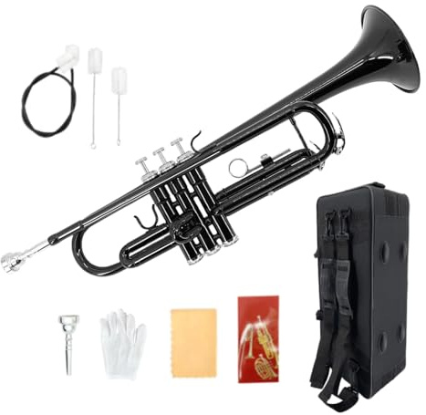WUQIMUSC Standard Bb Trompete Set für Anfänger, Studenten Trompete, Messing Trompeteninstrument, B Flat, mit 7C Mundstück, Reinigungstuch, Handschuhen und harter Tragetasche (Schwarz)