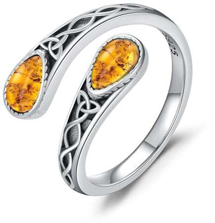 Bernstein Ring für Damen 925 Sterling Silber Keltischer Knotenring Verstellbarer Löffelring Irischer Schmuck Geschenk für Weihnachten und Halloween