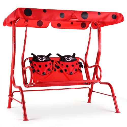 DREAMADE Hollywoodschaukel Kinder, Kinderschaukel Gartenschaukel mit Sonnenschutz, Kinderschaukel Metall Schaukel, Kinder Schaukelset für Outdoor, Garten, Balkon, max.80 kg belastbar (Rot)