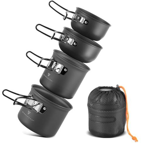 STAHLWERK Camping Kochtopf-Set 4-teilig aus Aluminium| Outdoor Kochgeschirr mit Antihaftbeschichtung | Camping Koch-Set mit Töpfen und Deckeln | Outdoor Topfset | Camping-Geschirr