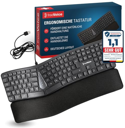 freeVoice Ergonomische Tastatur USB Kabelgebunden – Geteiltes QWERTZ DE Layout mit 112 Tasten, Memory-Foam Handballenauflage, Multiplattform kompatibel Windows macOS Linux