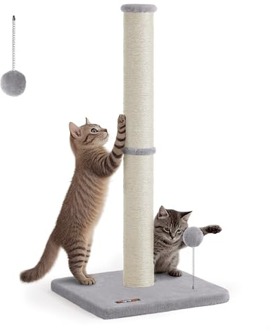Feandrea Kratzbaum, 85 cm hoch, Kratzsäule, Katzenbaum, Kratzstamm für Kätzchen und Normale ausgewachsene Katzen, Sisalstamm, mit Plüschball und Glocke, Taubengrau PCA040G01