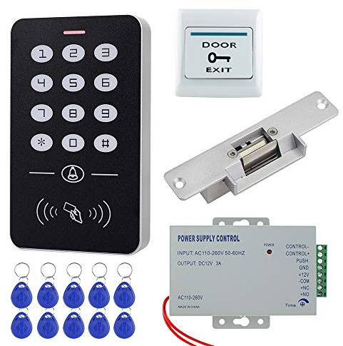 HFeng Kit Vollzugriffskontrollsystem mit elektrischem Magnetschloss + RFID Tastatur + Netzteil + 10 teiligen RFID Schlüsselanhänger (with Strike Lock)