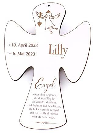 DEKOLANDO Engel Taufkreuz personalisiert mit Name Datum graviert Holzkreuz Kreuz Kinderkreuz mit Engel & Spruch weiß 15 x 21 cm