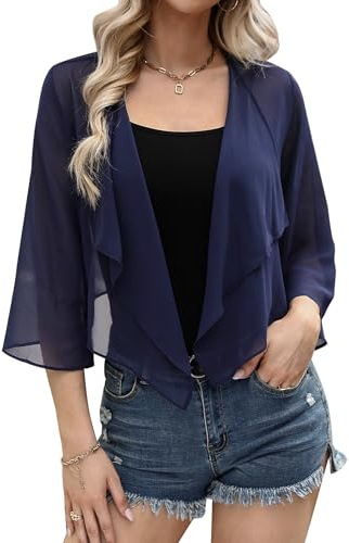Aottori Bolero Damen Chiffon Cardigan Kurz Sommer Bolerojacke Elegant mit 3/4 Ärmel Schulterjacke Leichte Transparent für Festlich Hochzeit Navyblau M