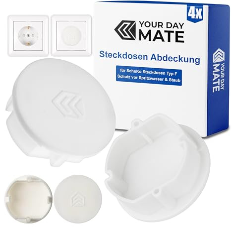 Steckdosen Abdeckung, 4 Stück, in Weiß, Steckdosenschutz vor Staub, Spritzwasser, für SchuKo Buchse Typ F, Deckel Kappe für Steckdosenleiste, Mehrfachsteckdose, Kabeltrommel, Küche, Werkstatt, Hotel