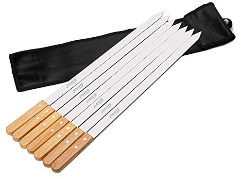 Goutime adana Spieße für Kabobs,Shish Kebab Holzspieße zum Grillen,Metall Edelstahl Barbecue BBQ Grill Spieße,kebab spieße breit,Set von 7 mit Tasche,(60cm lang,2.5cm Breite)