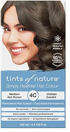 Tints of Nature 4C Medium Ash Brown Permanent Hair Dye, Vegan 130ml | Creates cool medium ash brown colour while deeply nourishing every strand, Ammonia-free covers greys with natural results