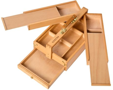 MEEDEN Aufbewahrungsbox für Künstlerbedarf:Tragbare Faltbare Buchenholzbox | Multifunktionale Aufbewahrungsbox aus Buchenholz mit Abteilen und Schublade für Kunstwerkzeuge Pinsel Pastelle und Bleistifte