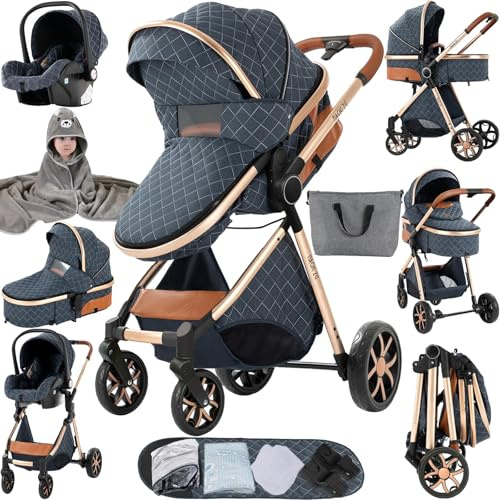MoLi Kinderwagen 3 in 1, Kinderwagen mit Umkehrbarem Doppelschiebemodus, Buggy mit Großer Bequemer Babywanne, Kombikinderwagen 3 in 1 Rahmen Aluminiumlegierung Faltbar Hohe Landschaft (225 Blue)