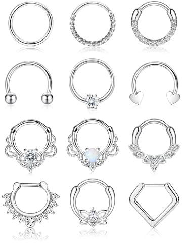 JeweBella 12 Stück 16G Edelstahl Septum Piercing Set für Damen 8/10mm | Hypoallergen Nasenring Piercing Silberfarben Clicker Septum Ring Daith Helix Tragus Ohrringe Lip Nostril Piercing