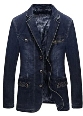 REHJJDFD Herren-Jeansblazer, Anzugjacke, einfarbig, Baumwolle, lässiger Blazer, klassischer gekerbter Kragen, gewaschener Jeansmantel