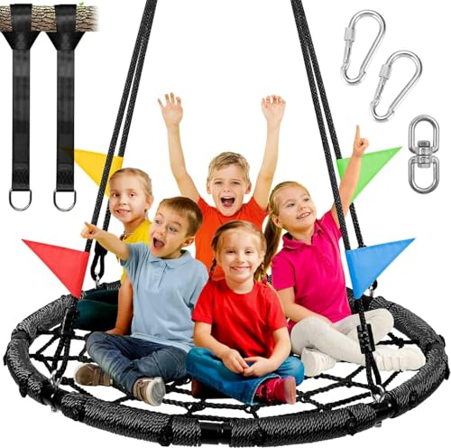 CUPCHID Spinnennetz-Baumschaukel 100cm, 300kg Tragfähigkeit Gartenschaukel mit Stahlrahmen, Innnen & Außen Schaukel für Kinder und Erwachsene