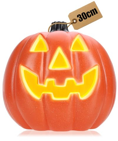 com-four® Kürbis mit LED-Beleuchtung & Timerfunktion (6h an/18h aus) - Halloweenkürbis als Hauseingangs- & Fensterdekoration - XXL Kunststoff-Kürbis (1x orange XXL/Timer)