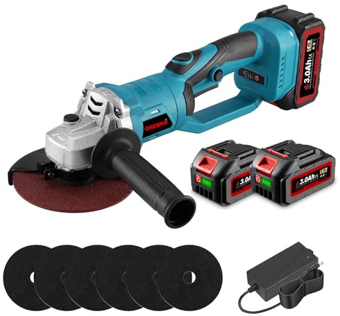 ONEVAN Akku Winkelschleifer 125 mm, 180° Drehbarer für Schneiden Mehrerer Winkel, 3-Gang 0-18000 R/MIN Bürstenlos Winkelschleifer Regelbare Drehzahl mit 2 3000mAh Akkus, Ladegerät, 6 Trennscheiben