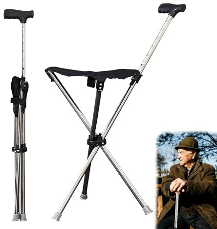 Gehstock mit Sitz, 80-90cm Faltbar Sitzstock, Spazierstock mit Sitz und rutschfeste Silikonbasis, Tragbar Leicht Sitzstock mit 100 kg Tragfähigkeit, für 140–190 cm Senioren, Outdoor-Reisen, Camping