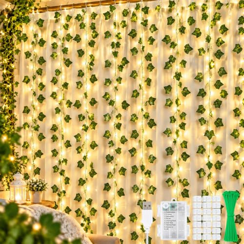 KASZOO 12 Stück Efeu Künstlich Lichterkette, Efeugirlande mit 252 LEDs Lichterketten, Vorhang Led für Hochzeit Büro Garten Party Wanddekoration