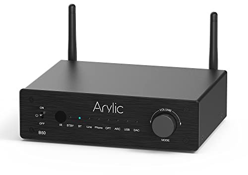 Arylic B50 Verstärker mit Bluetooth, Stereo Amplifier, 2 Kanal 50W*2 Home Audio AMP, mit HDMI, ARC, Opt, DAC, Phono Eingang. Unterstützt aptX High-Definition-Musikübertragung und -Empfang.