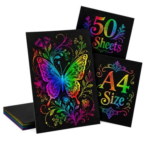 Creatorally Kratzpapier A4, Bastelpapier für Laser Gravur, Regenbogen 50 Blatt Zum Kinder Zeichnen, Kunstbedarf, DIY, Weihnachten, Geburtstagsgeschenk