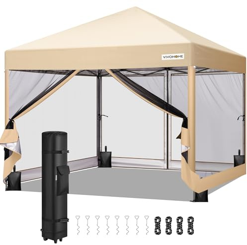 VIVOHOME 3 x 3m Pavillon höhenverstellbarer Faltpavillon mit Netz klappbares Partyzelt UV-Schutz 50+ Wasserdichtes Gartenzelt mit Tragetasche für Camping