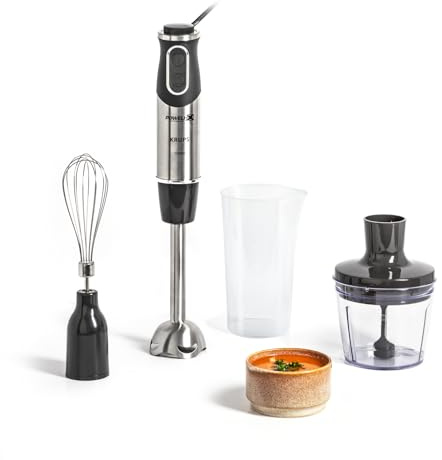 Krups Perfect Mix 8500 Stabmixer, Blender, 1000 Watt, Edelstahlfuß, 4 extra scharfe Messer, Powelix Technologie, Schneebesen, 500 ml Zerkleinerer, 800 ml Messbecher, Schwarz-Silber, HZ6568