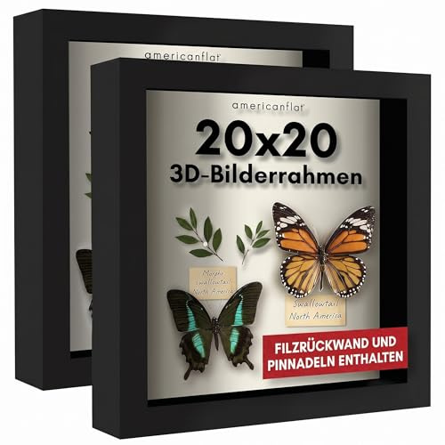 Americanflat 3D-Bilderrahmen zum Befüllen in Schwarz - 2er Set - 20x20 cm Tiefer Objektrahmen mit Weichem Leinentuch als Rückwand - MDF-Holzrahmen mit Bruchsicheren Glas, Aufhängung für die Wand