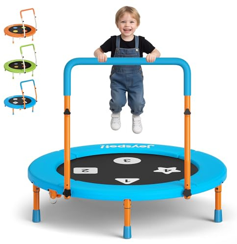 JOY SPOT! Ø91cm Trampolin Kinder Indoor, Mini Trampolin mit Verstellbarer Haltegriff, Faltbares Kindertrampolin bis 45 kg, Fitness Rebounder mit Sicherheitspolster für Kleinkind 3-12