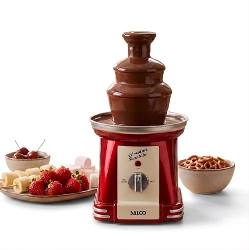 Salco Schokobrunnen | 3-stufiger Chocolate Fountain | Retro-Style | Edelstahl | Mit Wendelschnecke | 90 Watt | Perfekt für Früchte, Kekse & mehr | Leichte Reinigung | Metallic-Rot
