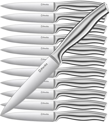 D.Perlla Steakmesser Set Edelstahl Steakbesteck Set 12-teilig Schärfer Steakmesser mit Ergonomische rutschfeste Griffe, Grillbesteck, Silber