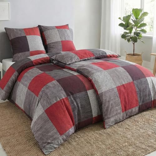 Kuscheli 4-teilige Bettwäsche 135x200 – Mikrofaser Oeko-TEX, 2 Bettbezüge 135x200 & 2 Kissenbezüge 80x80, Reißverschluss, weich & bügelfrei – Rot Kariert