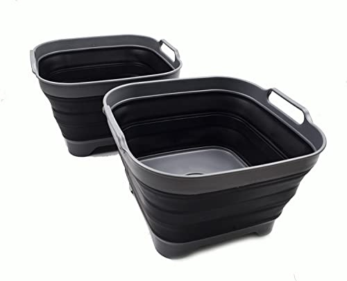 SAMMART 10L Faltschale mit Ablassschraube - Faltbares Waschbecken - Tragbare Geschirrspülwanne - Platzsparendes Küchenablagefach (Grau/Schwarz (2er-Set))