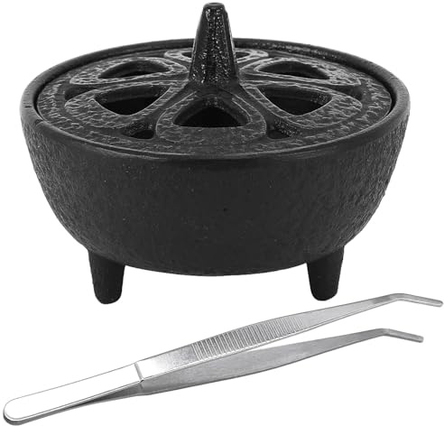 Räuchergefäß aus Gusseisen mit Lotusdeckel und gebogener Pinzette | Kleines Räuchergefäß aus Gusseisen mit Lotusblüten-Deckel; inklusive gebogener Pinzette.