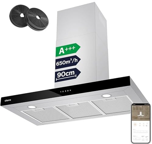 CIARRA CBCS9102 A+++ Dunstabzugshaube 90cm Umluft 650m³/h mit CBCF003 Aktivkohlefilter Touch-Bedienung 4 Stufen Inkl. Booster Wandmontage Abluft Abzugshaube Wandhaube Edelstahl Silber