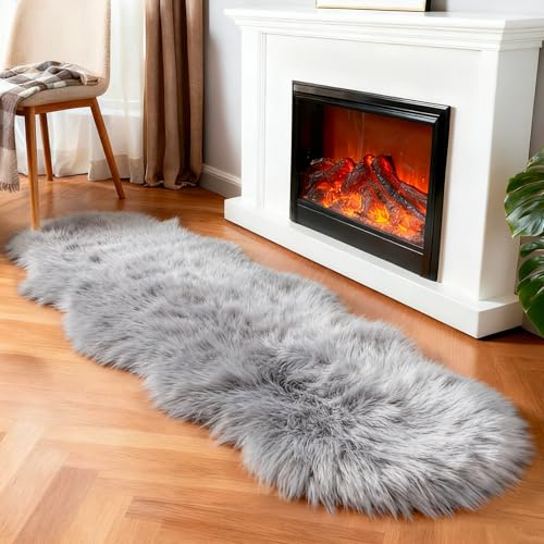 linmopm Fellteppiche Teppich, Schaffell, Zottel, flauschig, flauschig, Grau, 60 x 180 cm, Läufer, Teppiche für Schlafzimmer, Nachttisch, Bett, Boden, Wohnzimmer, Plüsch (Grau, 2x6 ft Sheepskin)