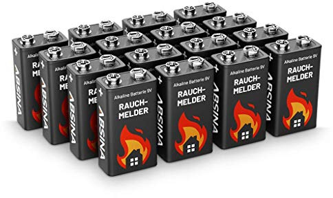 9V Blockbatterie Rauchmelder - 16er Pack Alkaline 9V Batterie langlebig & auslaufsicher - 9 Volt Blockbatterie für Feuermelder, Bewegungsmelder & Rauchwarnmelder - Rauchmelder Batterie ABSINA