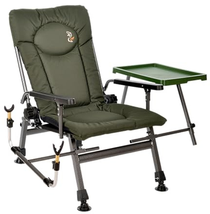 Carp Angelstuhl Campingstuhl F5R ST/P Stuhl Deluxe Karpfen Angler Campingstuhl mit extra Höhe und Tisch Angelrutenhalter, Polyester