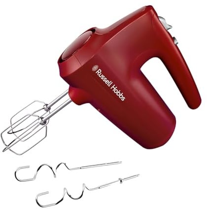 Russell Hobbs Handrührgerät [Handmixer] Desire Red (5 Geschwindigkeitsstufen+Pulsfunktion, 2 Spülmaschinengeeignete Rührbesen & Knethaken mit Chromapplikationen, Standfuß, 350W) Handrührer 27152-56