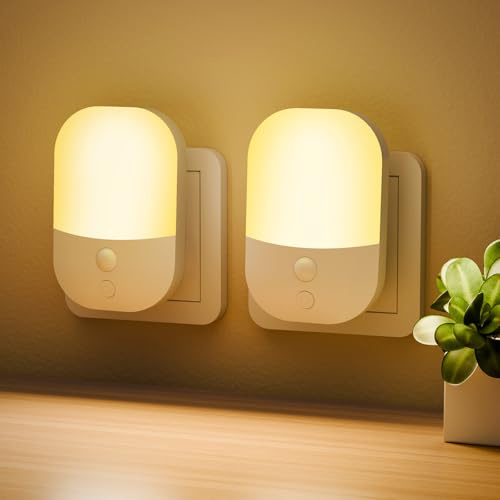 2 Stück Nachtlicht Steckdose mit Lichtsensor, 5 Einstellbare Helligkeitsstufen, ON/OFF/AUTO Modi, 3000K WarmWeiß Nachtlicht für Flure, Treppen, Schlafzimmer, Küchen, Badezimmer, Wohnzimmer, 0.3W