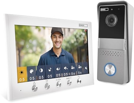 EMOS - Video-Türsprechanlage, 2-Draht-Ausführung - 720p HD Video-Türklingel - wasserdichte Kamera mit Nachtsicht, Monitor mit 7'' Farbdisplay - einfache Drahtinstallation inkl. Netzteil - weiß/silbern