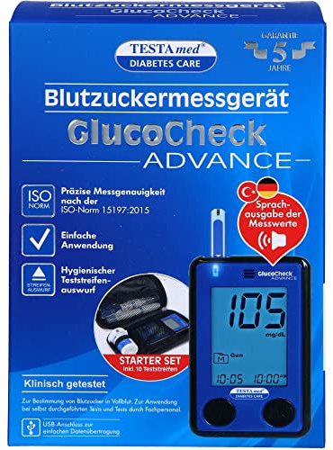 TESTAmed Glucocheck Advance Blutzuckermessgerät, Starter Paket inkl. Teststreifen und Lanzettengerät, Sprachausgabe, geringe Folgekosten
