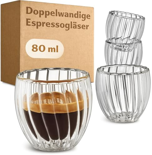 Cosumy Doppelwandige Espresso Gläser 80ml - 4er Set - Elegantes Riffel-Design - Kristallklare Thermogläser Spülmaschinenfest
