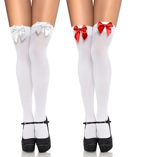 Fangshu 2 Paar Overknee Strümpfe Damen mit Schleife, 100D Kniestrümpfe Damen Sexy Dehnbare Thigh Highs Rote Socken Strümpfe Halloween Weich Stockings Weihnachten Accessoire Mottoparty