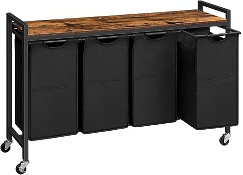 HOOBRO Wäschekorb 4 Fächer, Wäschesammler mit Ablage, Wäschebox, Wäschewagen mit Rollen, 4 x 39,8 L, Wäschesack aus Oxford-Gewebe, Vintagebraun-Schwarz EBF04XY01